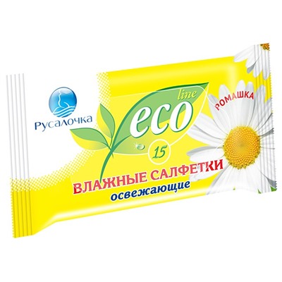 Влажные салфетки РУСАЛОЧКА Eco Line освежающие Ромашка/15шт (выпис.по 5шт.)