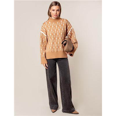 Свитер с боковыми разрезами жаккардовой вязки с кашемиром