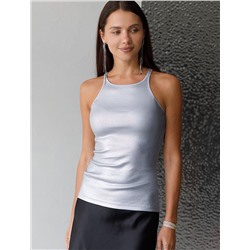 Топ с закрытым декольте из хлопка с эластаном в рубчик с матовым покрытием металлик