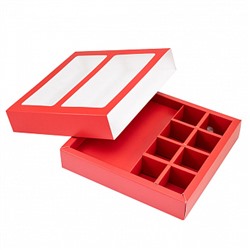 Коробка с обечайкой под шоколадку и 8 конфет, красная с окном 19,5*19*3,8 см