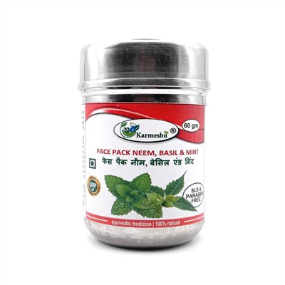 Face Pack NEEM, BASIL & MINT, SLS & Paraben Free, Karmeshu (Антибактериальная маска для лица НИМ, БАЗИЛИК И МЯТА, БЕЗ Сульфатов и Парабенов, Кармешу), 60 г.