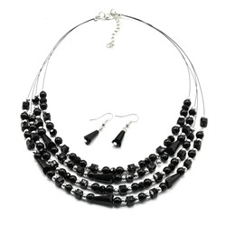 Колье с серьгами 4 нити из циркона цв.черный, 44см