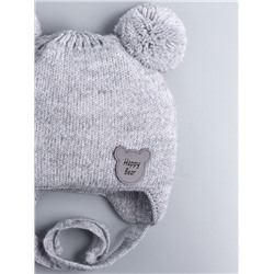 Шапка вязаная детская с двумя бубонами, на завязках, нашивка HAPPY BEAR, серый