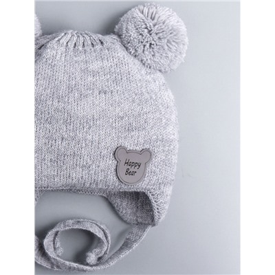 Шапка вязаная детская с двумя бубонами, на завязках, нашивка HAPPY BEAR, серый