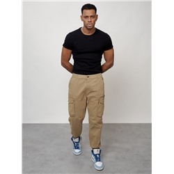 Джинсы карго мужские с накладными карманами бежевого цвета 2425B