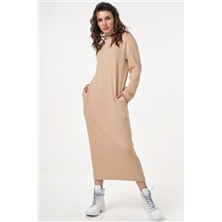 Платье длинное трикотажное в рубчик с горлом бежевое