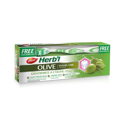 Herb'l OLIVE Expert Enamel Care toothpaste, Dabur (Хербл ОЛИВКА, Экспертный уход за эмалью (зубная щетка в подарок), Дабур), 150 г.
