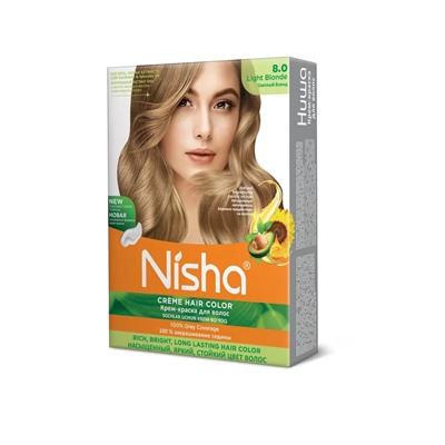 LIGHT BLONDE 8.0 Nisha Creme Hair Color (СВЕТЛЫЙ БЛОНД 8.0 крем-краска для волос, Ниша), 20 г + 20 мл + 6 мл.