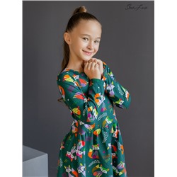Платье Эля лисы разноцветные на зеленом