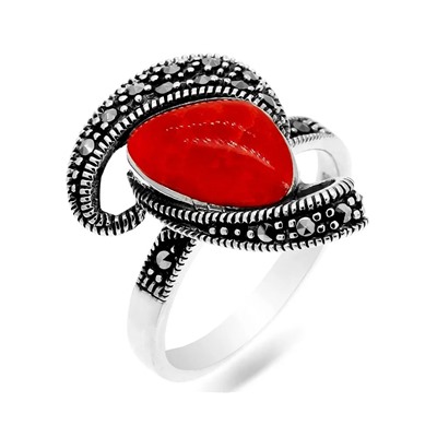 Кольцо, коралл пресс. , марказит, SL-AGA82