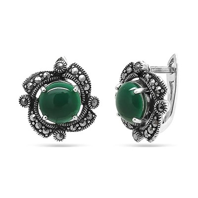 Серьги из серебра зеленый агат, марказит, SL-AGA66