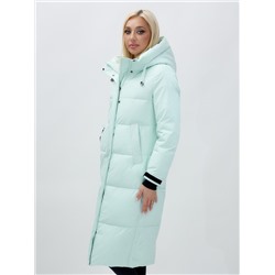 Пальто утепленное стеганное зимнее с капюшоном женское бирюзового цвета 9615Br