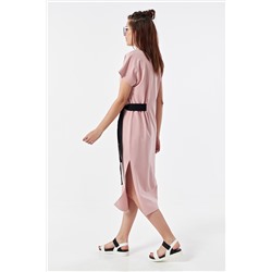 Платье-футболка хлопковое с завязками на талии в полоску на пудровом