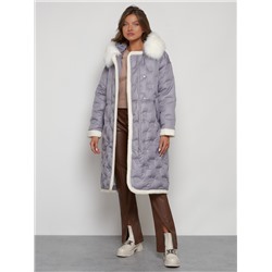 Пальто утепленное с капюшоном зимнее женское серого цвета 132290Sr