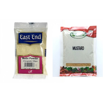 НАБОР: ПАЖИТНИК (Метхи) МОЛОТЫЙ, East End, 100 г. + ГОРЧИЦА МОЛОТАЯ, Karmeshu, ПАКЕТ 100 г. - СРОК ГОДНОСТИ ДО 31 МАРТА 2025 ГОДА