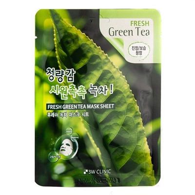 3W CLINIC Маска тканевая д/лица  с экстр.зел.чая  Fresh Green tea Sheet mask 23л АКЦИЯ! СКИДКА 5%