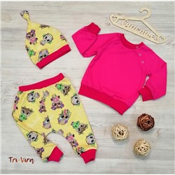 Арт. 3КУЛ/20  Комплект из трех предметов: футболка+брюки+шапочка(кулирка).Размер с 62-98