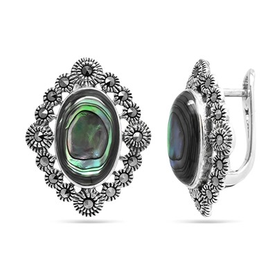 Серьги из серебра марказит, перламутр зелёный, SL-AGA126