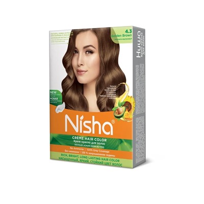 GOLDEN BROWN 4.3 Nisha Creme Hair Color (ЗОЛОТИСТО-КАШТАНОВЫЙ 4.3 крем-краска для волос, Ниша), 20 г + 20 мл + 6 мл.