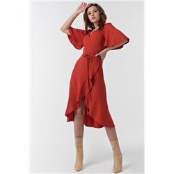 Платье приталенное с воланами миди терракотовое