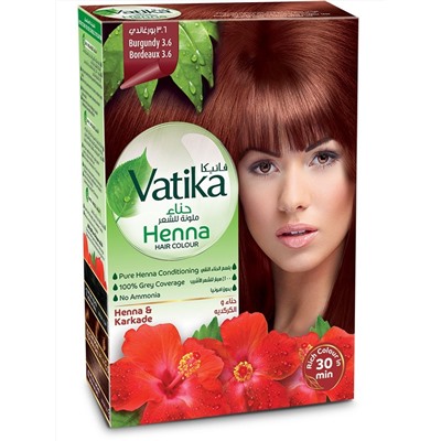 Vatika Henna BURGUNDY 3.6, Dabur (Ватика хна БУРГУНДИ 3.6, Дабур), 60 г. (6 пакетиков по 10 г.)