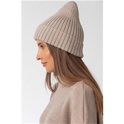 Шапка вязаная бини с отворотом бежевая