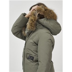 Пальто зимнее женское с мехом енот премиум класса цвета хаки 3006_1Kh