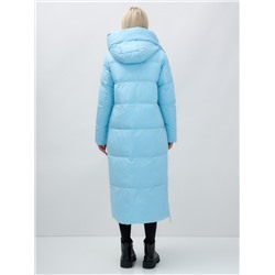 Пальто утепленное стеганное зимнее с капюшоном женское голубого цвета 9625Gl