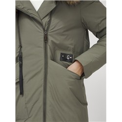 Пальто зимнее женское с мехом енот премиум класса цвета хаки 3006_1Kh