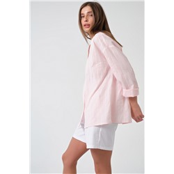 Рубашка летняя свободная полупрозрачная из хлопка розовая