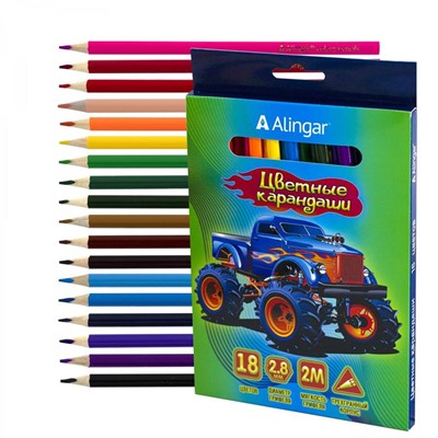 Карандаши цветные 18 цв. Alingar Машины  дерев. трехгранные заточен. AL11075-18