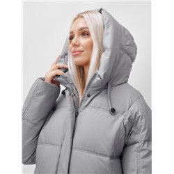 Пальто летучая мышь женское с капюшоном зимнее серого цвета 9619Sr
