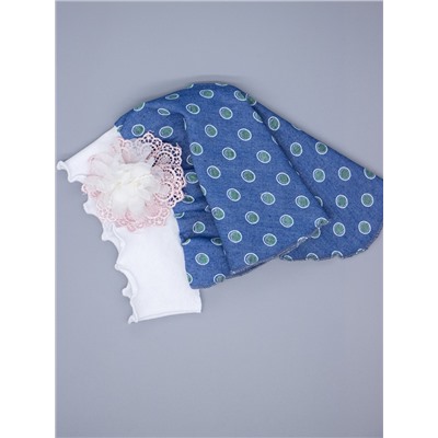 Косынка для девочки, джинс, горошки, молочный бант из фатина с пудровым кружевом, синий
