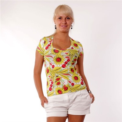 Футболка женская "Хохлома-Подсолнух" (white)