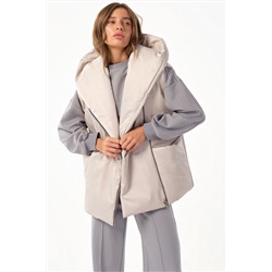 Жилет утепленный оверсайз на молнии с капюшоном бежевый