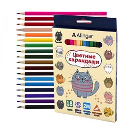 Карандаши цветные 18 цв. Alingar Котята  дерев. трехгранные заточен. AL11074-18