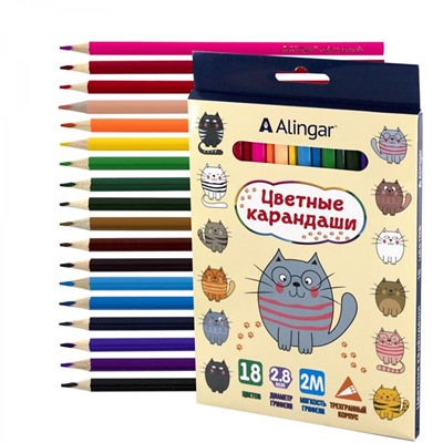 Карандаши цветные 18 цв. Alingar Котята  дерев. трехгранные заточен. AL11074-18