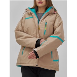 Горнолыжная куртка женская зимняя большого размера бежевого цвета 7093B