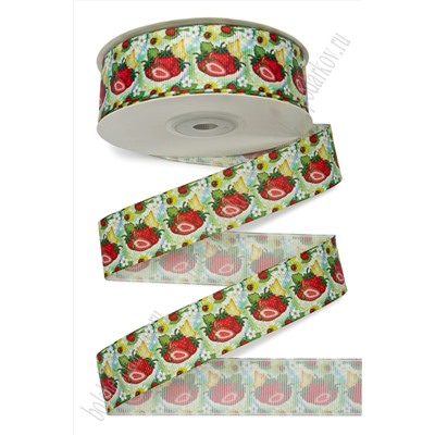 Лента репсовая 2,5 см*25 ярд с рисунком "Клубничка" SF-6131