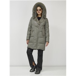 Куртка женская зимняя с мехом енот премиум класса цвета хаки 3132Kh