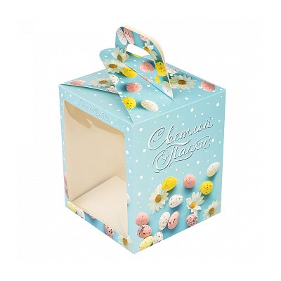 Коробка для кулича с окном "Светлой пасхи, голубая" 15*15*18 см