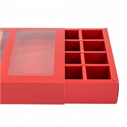 Коробка с обечайкой под шоколадку и 8 конфет, красная с окном 19,5*19*3,8 см