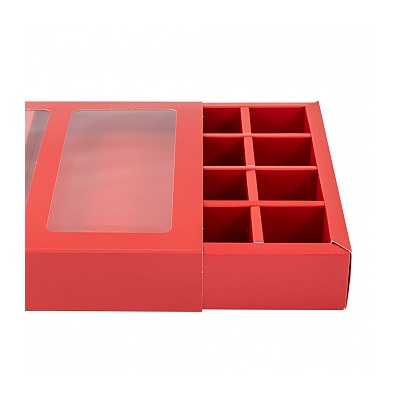 Коробка с обечайкой под шоколадку и 8 конфет, красная с окном 19,5*19*3,8 см