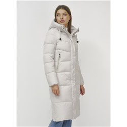 Пальто утепленное стеганное зимнее с капюшоном женское бежевого цвета 9636_1B