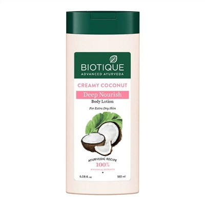 CREAMY COCONUT, Deep Nourish Body Lotion, Biotique (СЛИВОЧНЫЙ КОКОС, Глубоко питающий лосьон для тела, для очень сухой кожи, Биотик), 180 мл.