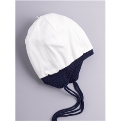 Шапка вязаная для мальчика с бубоном на завязках, двухцветная, нашивка DREAM BIG, темно-синий