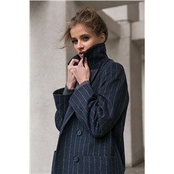 Пальто двубортное прямое шерстяное в полоску синее