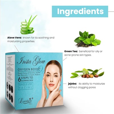INSTA GLOW Oxygen Boost Facial Kit, Luster (ИНСТА ГЛОУ кислородный набор для ухода за лицом, Ластер), 1 уп. (40 мл.)