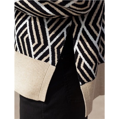 Свитер с боковыми разрезами жаккардовой вязки с кашемиром