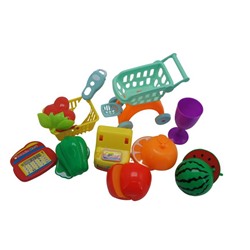 Кассовый аппарат + продукты (режущиеся)  + тележка + корзина 11 предметов 25*20см / пакет 1932